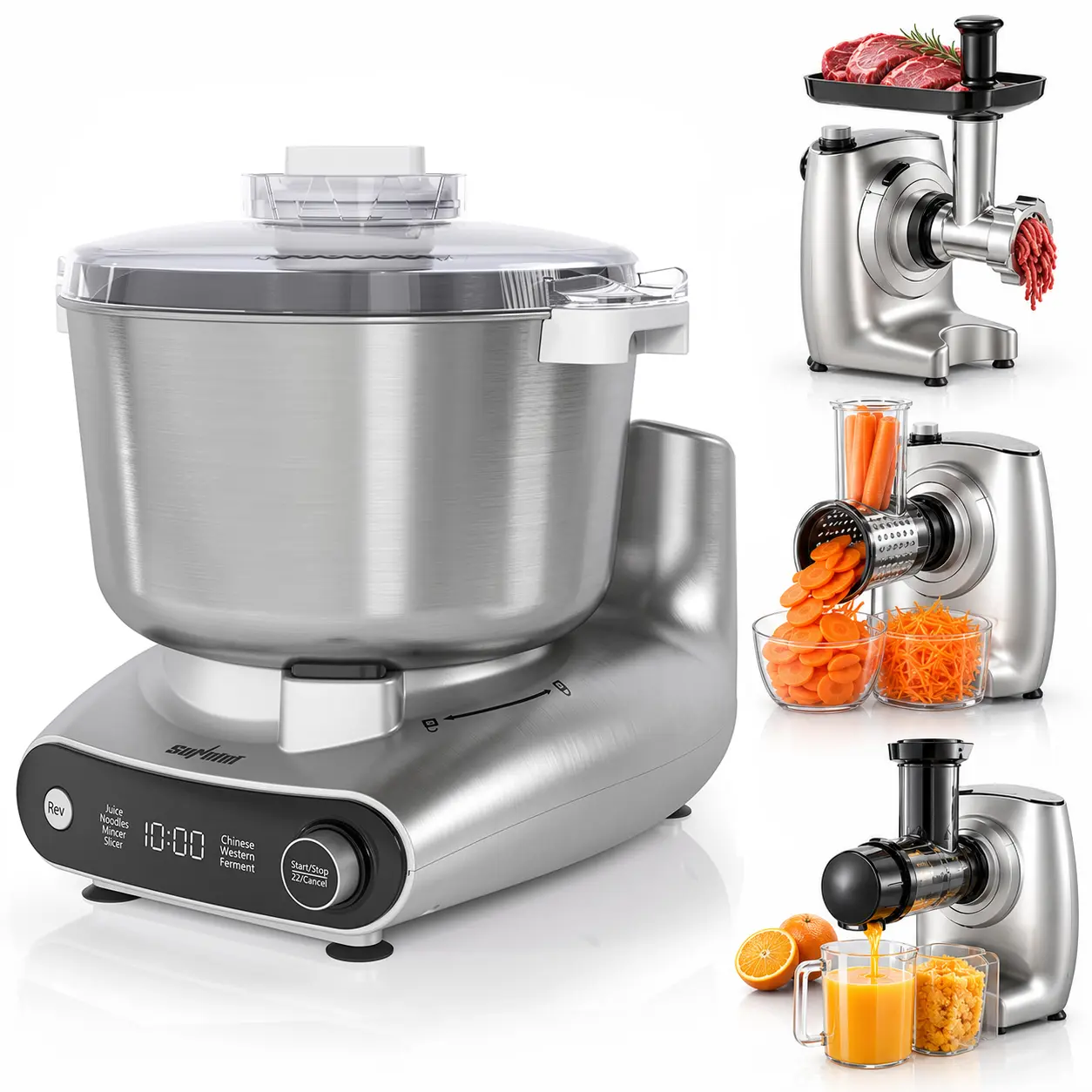 Sunvivi 4-in-1 Artisan Stand Kitchen Mixer - 5.3 QT Household Food Mixer with 150W Strong Mix, Smart Fermentation, Slow Juicer, Meat Grinder, Salad Maker, LED Display, Knob-Easy Control, Stainless Steel Parts, 120V 60Hz Ready for Home Baking Enthusiasts