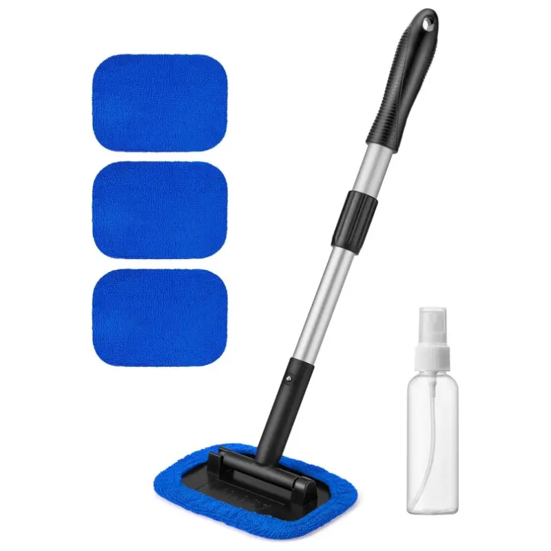 Windshield Cleaner Tool Kit with Detachable Extendable Handle, Pivoting Head, 4 Washer Towels, Good Water Absorbability for Cars, Trucks, SUVs, RVs & House Glass Cleaning