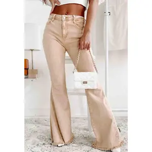 Khaki Raw Edge Mid Waist Flared Jeans
