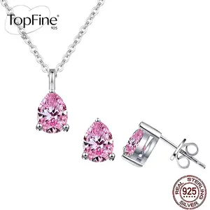 1 Set Super Shiny Pear Cut Pink Cubic Zirconia 925 Sterling Silver Water Drop Pendant Necklace And Earrings, Daily Party Fine Jewelry Sets For Women