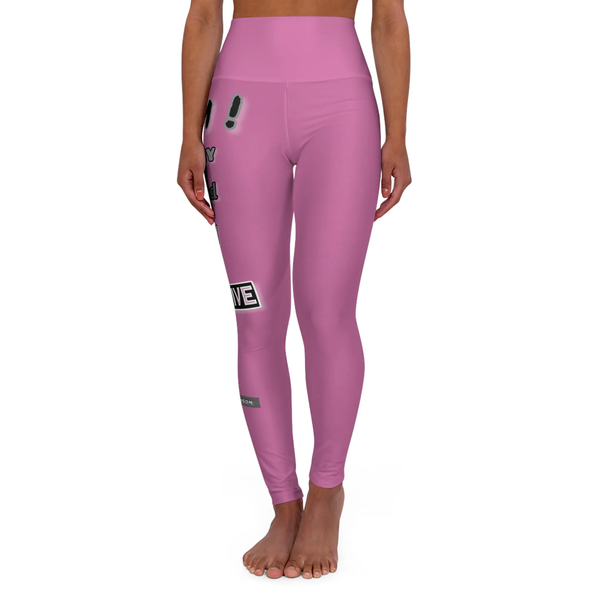 👖"I Am" (Black Letter) Pink Women's High Waisted Yoga Leggings (AOP)