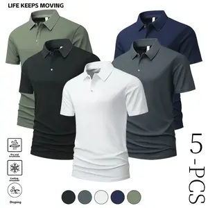 LIFE KEEPS MOVING Five-piece men's solid-color half-button front placket POLO shirt, men's short-sleeved top fashionable business and leisure, work clothes, daily work and leisure wear, as a gift, a casual top suitable for outdoor sports, the fabric is c