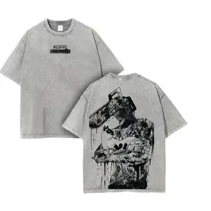 Denji Chainsaw Man Anime Double Printed Vintage Washed Tee Unisex Oversize Anime Manga Washed Heavyweight Cotton T-shirt