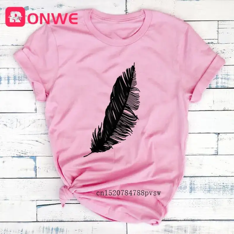 2022 Women Casual Harajuku Fashion T-Shirt Feather Print Loose O-Neck Short Sleeve Elastic Stretched Summer Home New Tee Shirt NONE