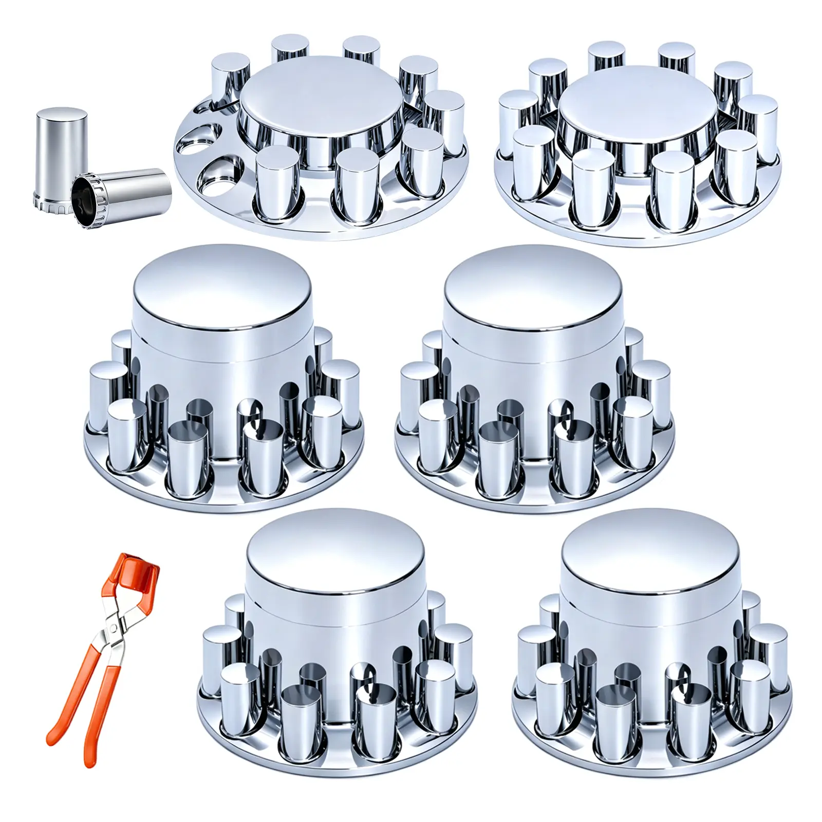 Cylinder Wheel Covers for Semi Trucks - 2 Front and 4 Rear Axle Hub Covers with 33mm Thread-On Chrome Lug Nut Covers for Semi Truck
