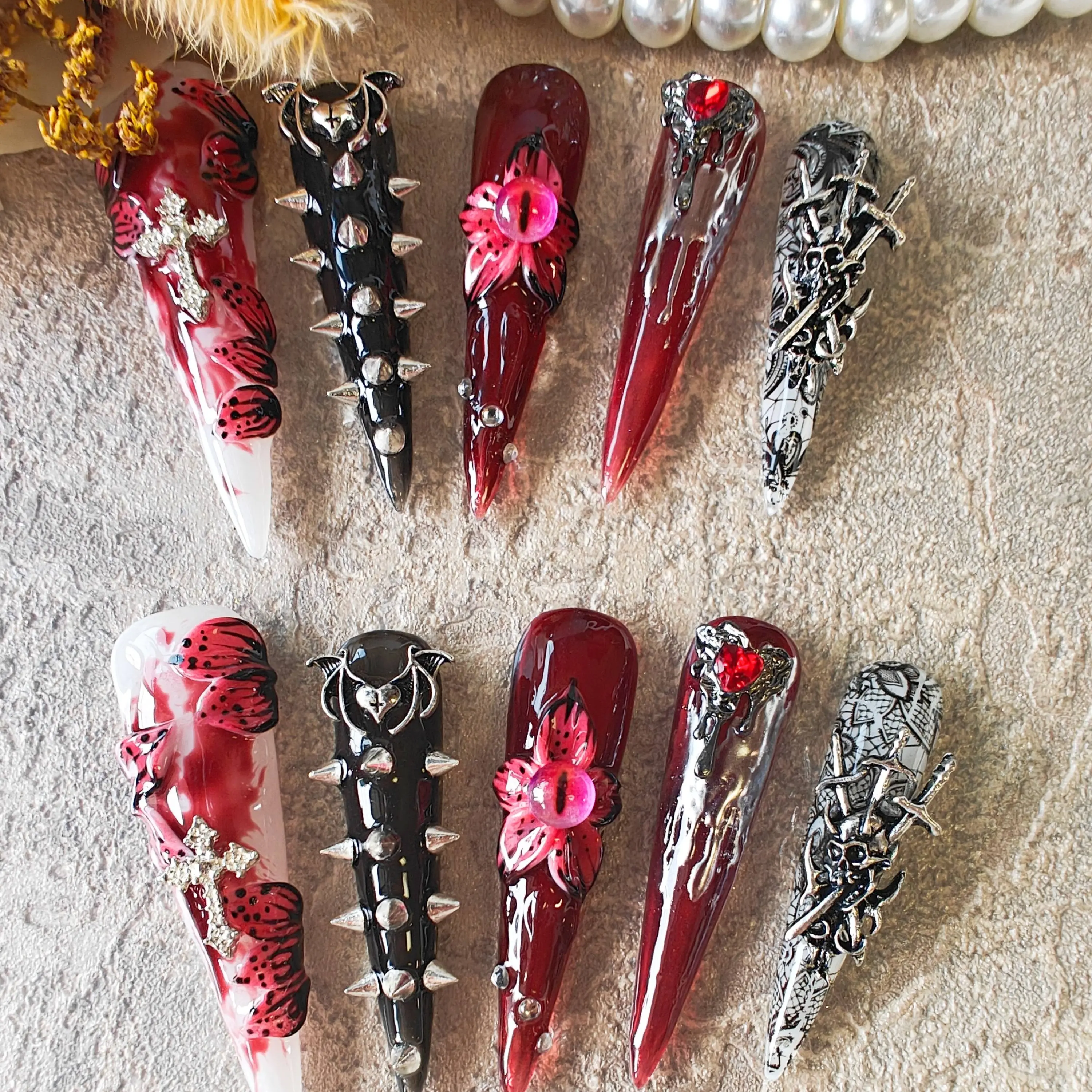 Jmnails 2.1in Long Stiletto Handmade High-Quality Acrylic Press-On Nails, 10Pcs Luxury Fashion Reusable Comfortable Acrylics Extension with Glitter Glue for Party