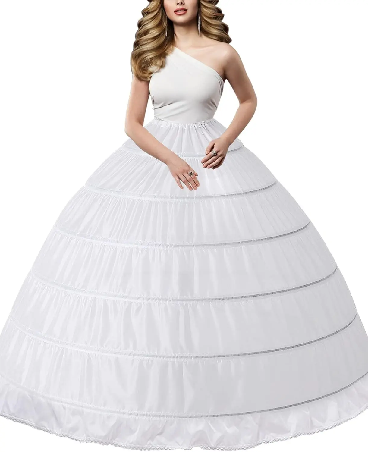 6 Hoop A-Line White Crinoline Petticoat Underskirt | Soft Tulle Petticoat 6 Hoop Crinoline Adjustable Drawstring Waist Creates Full Shape for Women Wedding Prom Formal Dresses