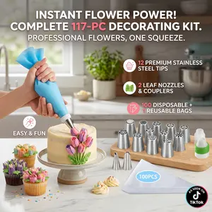 117 Pcs Russian Piping Tips Set, 12 Flower Frosting Nozzles Icing Tips for Cake Decorating Tips Kit, Baking Supplies for Cookie Cupcake, 2 Leaf Piping Tips 2 Couplers 100 Pastry Baking Bags and 1 reusable silicone bag