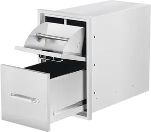 Outdoor Kitchen Drawers with Paper Towel Holder, 13" W x 20.5" H x 23" D Double BBQ Access Drawers, Stainless Steel Flush Mount BBQ Island Drawers for Outdoor Kitchen, Grill Station Sideboard Storage Cabinet Freestanding Storage Cabinet