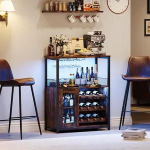 3-Tier Wine Bar Cabinet with LED Detachable Wine Rack and Storage Space Buffet Cabinet with Glass Holder and Mesh Door for Kitchen Living Room and Bar Rustic Brown
