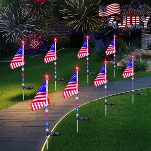 2-8 Pack American Flag Solar Lights Outdoor, 4th Of July Decoration Flag Lights with 2 Modes, Solar Flag Patriotic Lights for Yard, Garden, Pathway, Independence Day, Memorial Day (Red White And Blue)