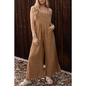 Brown Striped Pleated Wide Leg Pocketed Jumpsuit