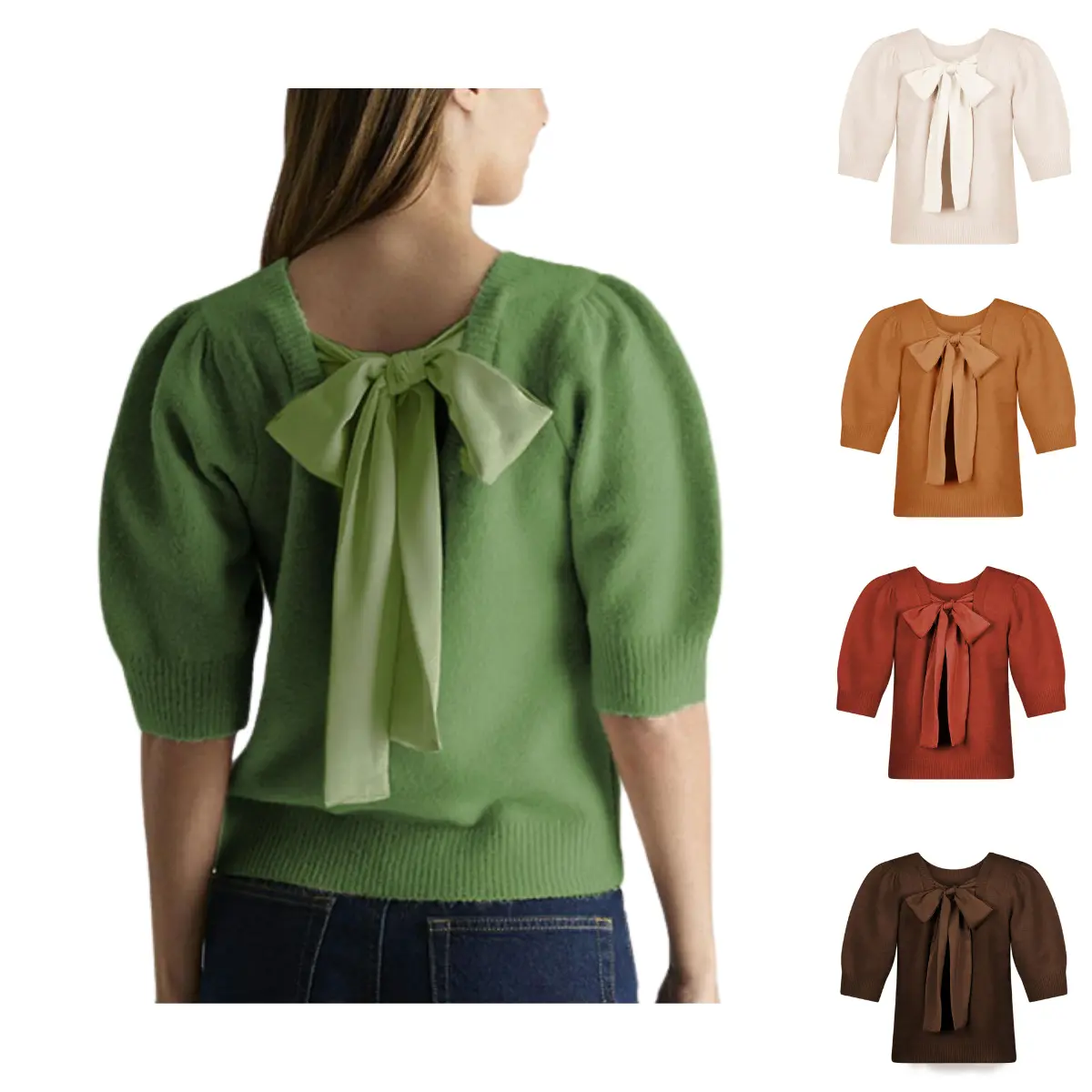 Molitree Bow Sweater Women Casual Puff Short Sleeve Crew Neck Tie Back Knit Pullover Tops Green Knitwear Womenswear Knitting Basic Fitted Minimalist