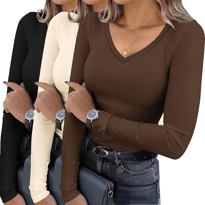 Ekouaer Women's 3-Pack Casual Slim-Fitting Long Sleeve V-Neck Ribbed Thermal Undershirts - Solid Color Ribbed Fabric Layering Outfits, Basic Thermal Sets for Women (Standard Sizing)