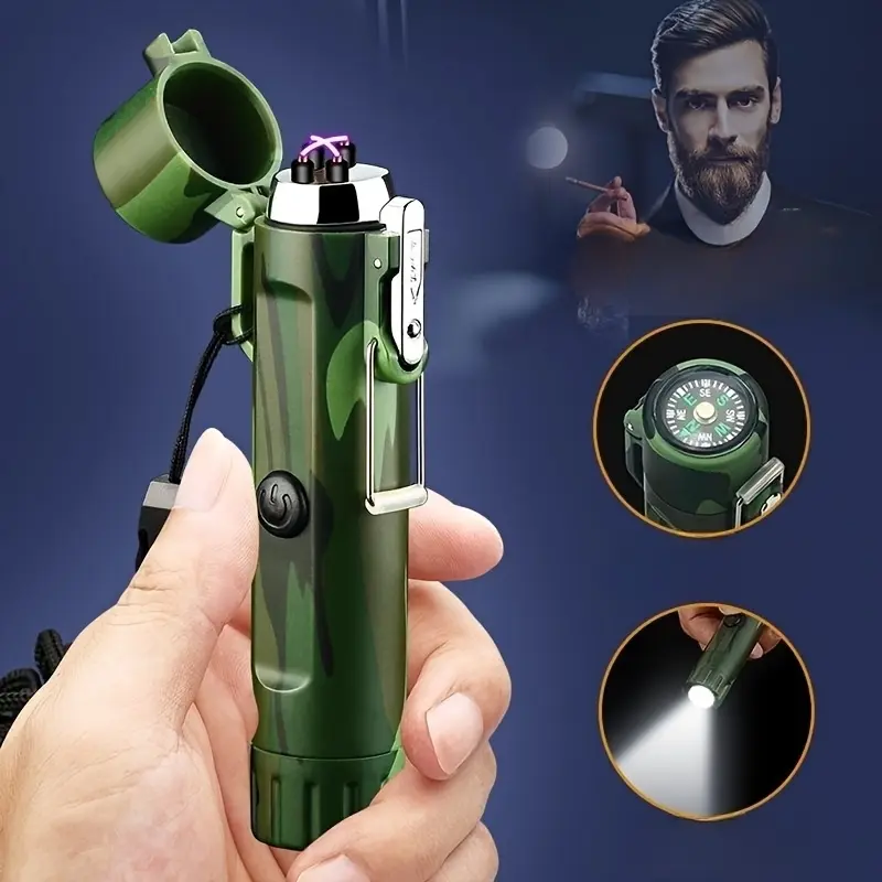 Outdoor Multifunctional Lighter, Compass Flashlight Cigarette Lighter, USB Rechargeable Windproof Lighter, Suitable for Camping, Men's Gift