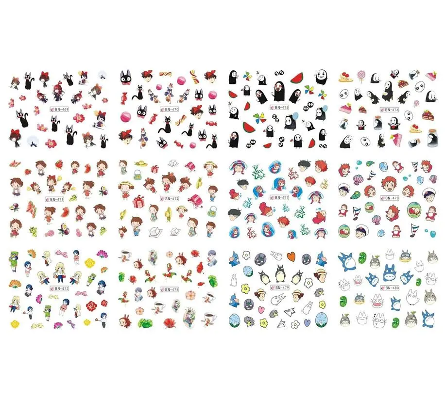 Cutics 12 Sheets/Lot Anime Theme Nail Cartoon Children Caricature Water Sticker Decal for Manicure Polish Square Glossy Finish