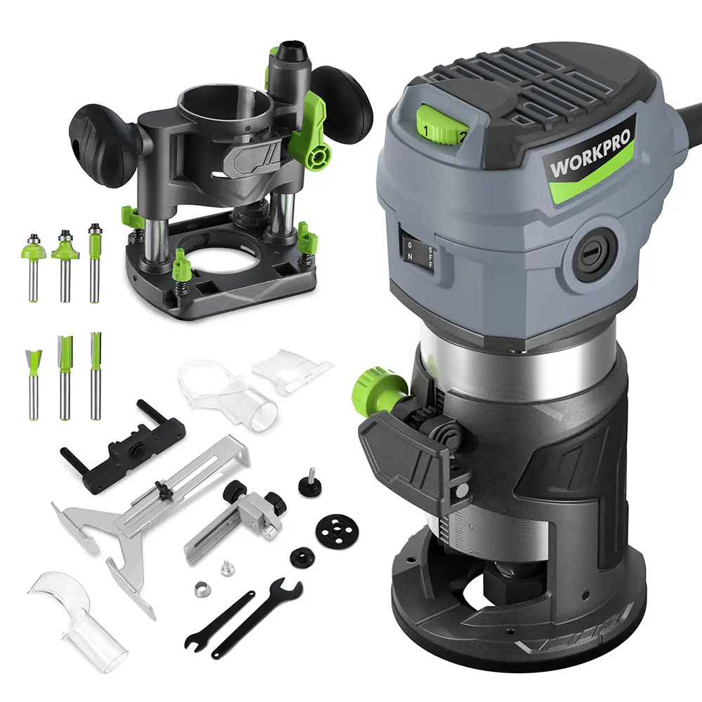 #fathersdaygift WORKPRO Compact Router Combo Kit, 6.5 Amp Compact Router Fixed Base & Plunge Router for Woodworking Slotting Trimming, 6 Variable Speeds to 32000 RPM