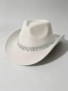 Women's Western Style Hat, Rolled Brim Glitter Cowboy Hat, Sparkly Rhinestone Fringe Pendant, Party Nightclub Photo Hat