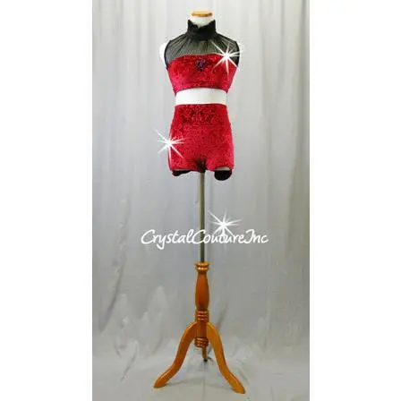 Red Velour Crop Top/Bootie Shorts with Black Puffy Shorts - Swarovski Rhinestones