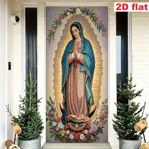Guadalupe Virgin Door Banner, Wall Decor Banner, Ascension Day Decoration, Gold Light Floral Design, Polyester Material, Indoor Outdoor Use, No Power Needed
