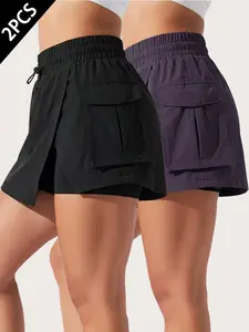 Women's 2-Pack Casual Sporty Layered Shorts Pants, Multi-Pocket Workwear Skirt, Ideal for Outdoor Activities, Hiking, Golfing