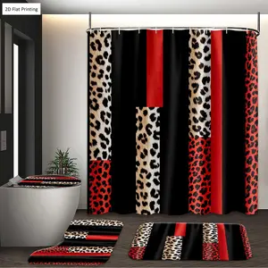 1/3/4PCS LEOPARD PRINTED S IN RED AND BLACK Shower Curtain Set with Rugs, Non Slip Bath Mat, U-Shape Carpet, Toilet Lid Cover, Bathtub Curtain Accessories, 12 Hooks, Home Bathroom Festival Decor
