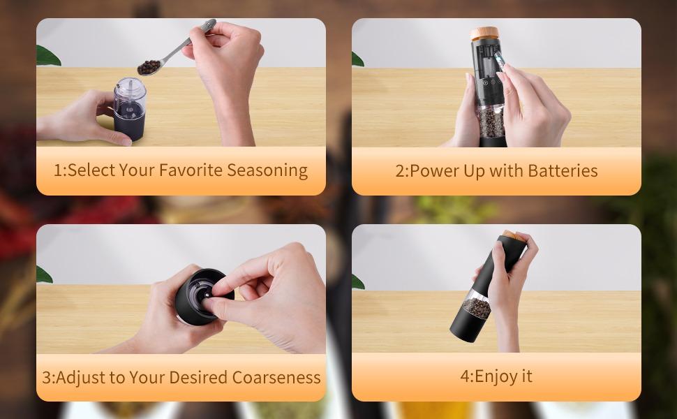 Electric Salt and Pepper Grinder Set of 2, Adjustable Coarseness, Battery Powered, LED Light, One Hand Operation, Black