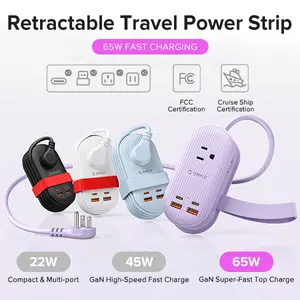 ORICO Upgraded 7-in-1 Travel Power Strip,2 Outlets & 4 USB Ports (2TYPE-C+2USB-A), 65W Fast Charging,  Flat Plug, for Cruise, Hotel, Dorm, and Travel Essentials- TK Compact