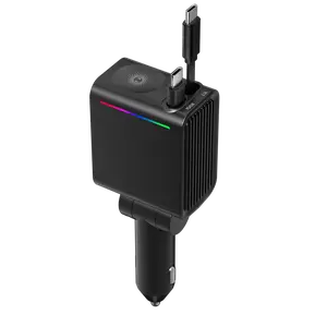 Retractable Car Charger with Retractable Cables, Equipped with Two Retractable Type-C Cables, Compatible with iPhone, Supports Apple Watch Wireless Charging adapter