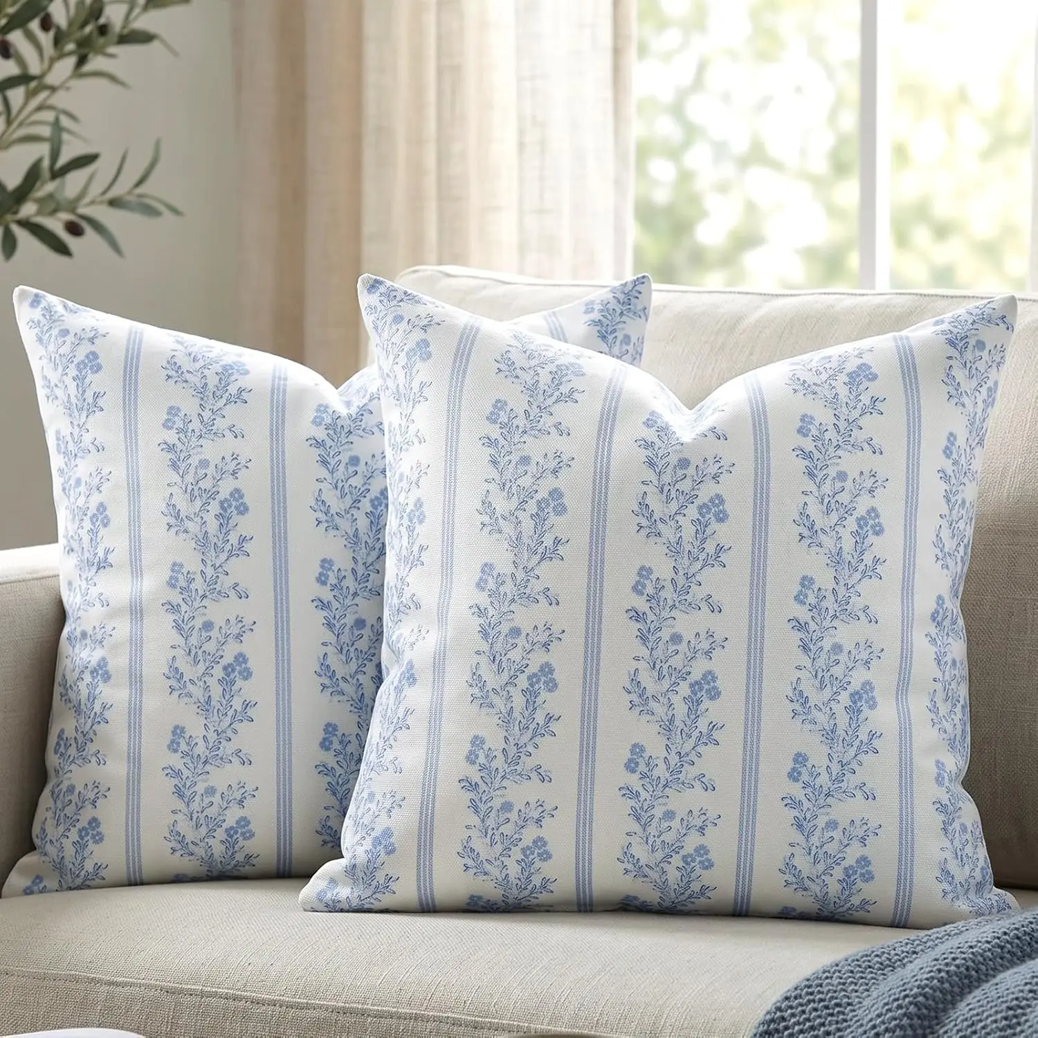 2-Pack 18x18 in Light Blue Vintage Botanical Print Throw Pillow Covers, Natural Linen Durable Cushion Cases for Farmhouse Style Home, Rustic Farmhouse Decor Sofa Bedroom, Set Of 2 18X18 Inch, Modern Farmhouse Decor