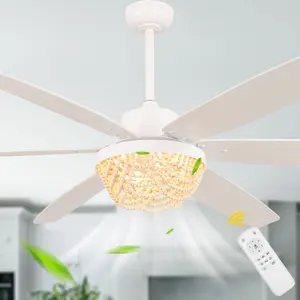 52" Boho Wood Bead Caged Ceiling Fan with Reversible Blades and Downrods, 6 Speeds Ceiling Fan, Remote and Light Kit Included