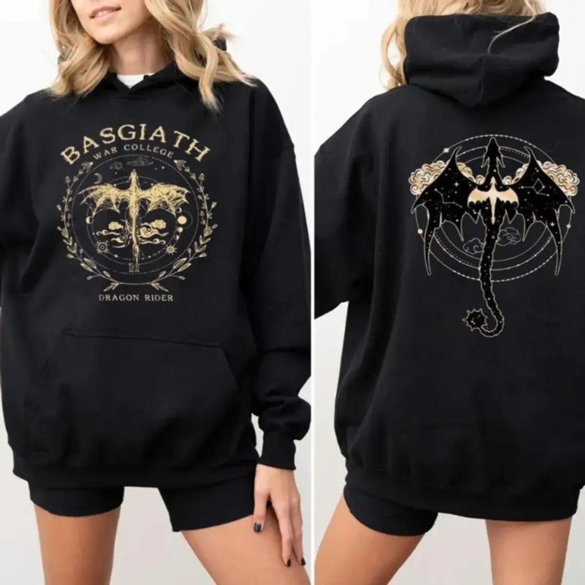 ⚔️[Graphic Hoodie]Fourth Wing Double-Sided Graphic Hoodie & T-Shirt–Basgiath War College Pullover, Fantasy Book Merch Hoodie, Unisex Casual Sweatshirt for Men & Women, Trendy Streetwear Outfit, Book Lover Gift, Daily Graphic Pullover for Fourth Wing Fans