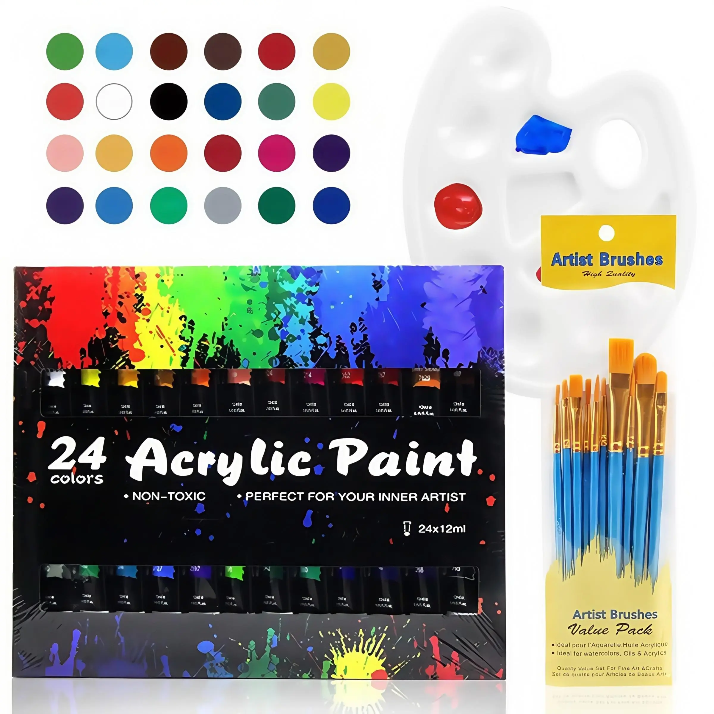 Acrylic Paint Set, 24 Colors Acrylic Paint with 10 Brushes, Art Paint Set for Painting, Graffiti, DIY Paint Set