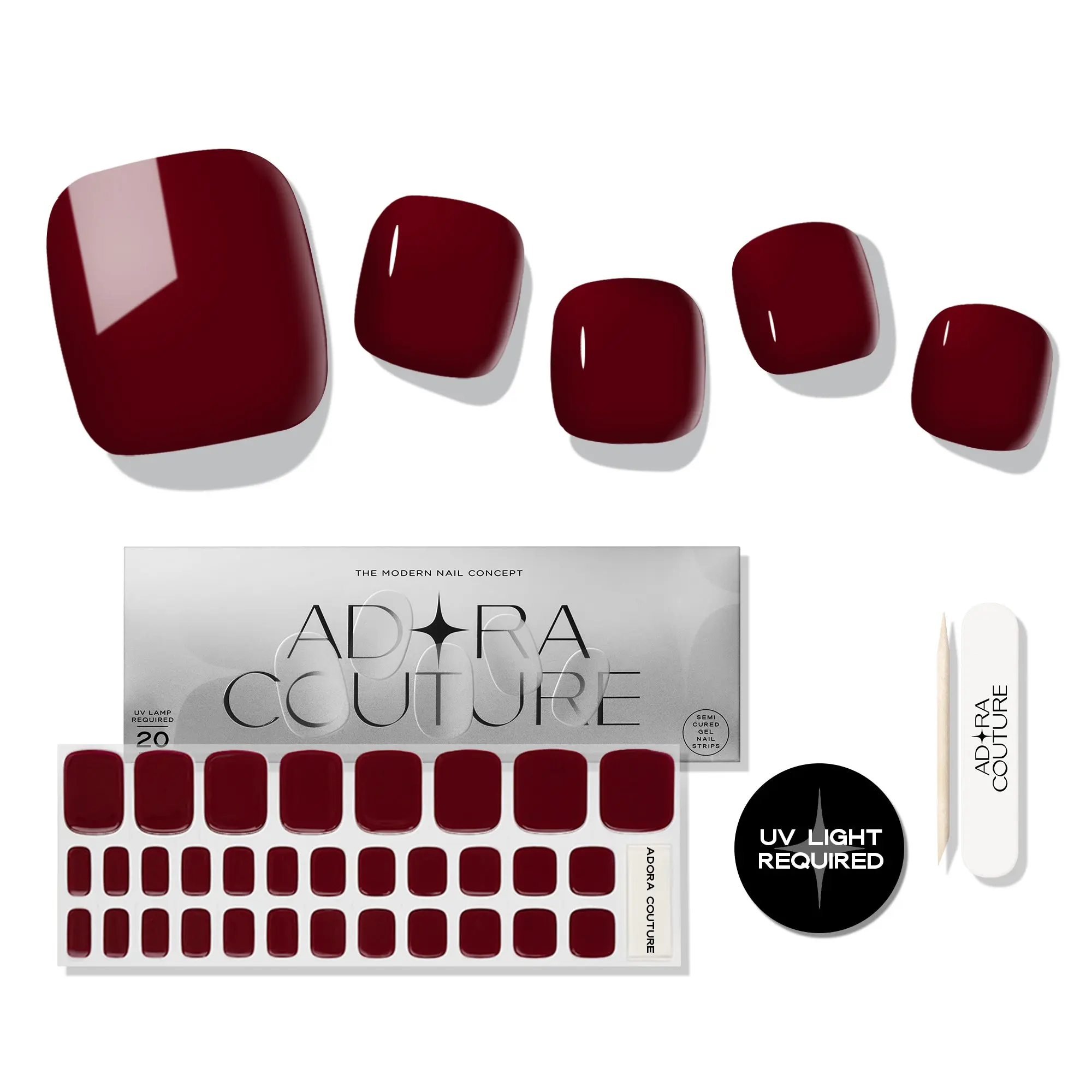 Semi-Cured Nail Polish Wraps for Toes, 32 Pcs Chip-Free Pedicure Kit in Dark Red, Long-Lasting 14 Day Wear, DIY Apply & Cure, Toenail Gel Kit, Strips, Apply Fast, Led Cure, Long Wear, All Toe Sizes, Durable, Glossy, Semi-Cured Gel Nail Art Wraps, Toe Nail
