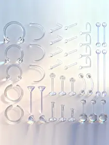 37pcs Clear Piercing Retainers Set, Bioflex Material, Multiple Body Parts, Septum Ring, Nose Hoop, Durable & Comfortable Design, Ideal for Daily Wear