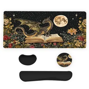 Fantasy Dragon Design Office Accessories Set, 4 Counts/set Mouse Pad & Keyboard Wrist Rest & Ergonomic Mouse Pad & Coaster, Suitable for Home Office Gaming
