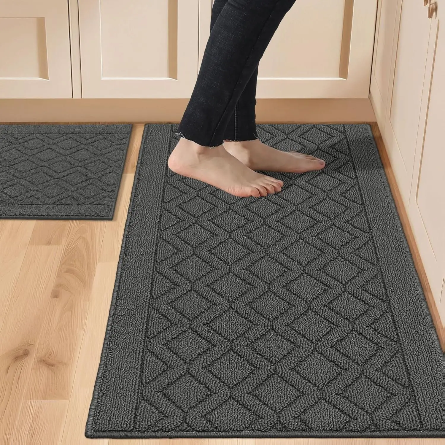 Kitchen Rug Set 2PC - 48x20 & 30x20 Inch Anti-Slip Mats, Soft & Machine Washable, Polypropylene Material - Grey
