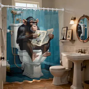 1pc The Chimpanzee Reading Newspaper Pattern Shower Curtain with Hooks, Pretty Shower Curtain, Machine Washable, Bathroom Partition Curtain, Suitable for Walls and Bathtubs, Bathroom Home Decoration Shower Curtain