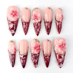 Sidosona S10 Burgundy Flower 3D Long Stiletto 32mm Spring Handmade Press-on Nails, Statement Nails For Everyday, Salon Quality, Reusable Acrylic Handmade Nails with Tool Kit