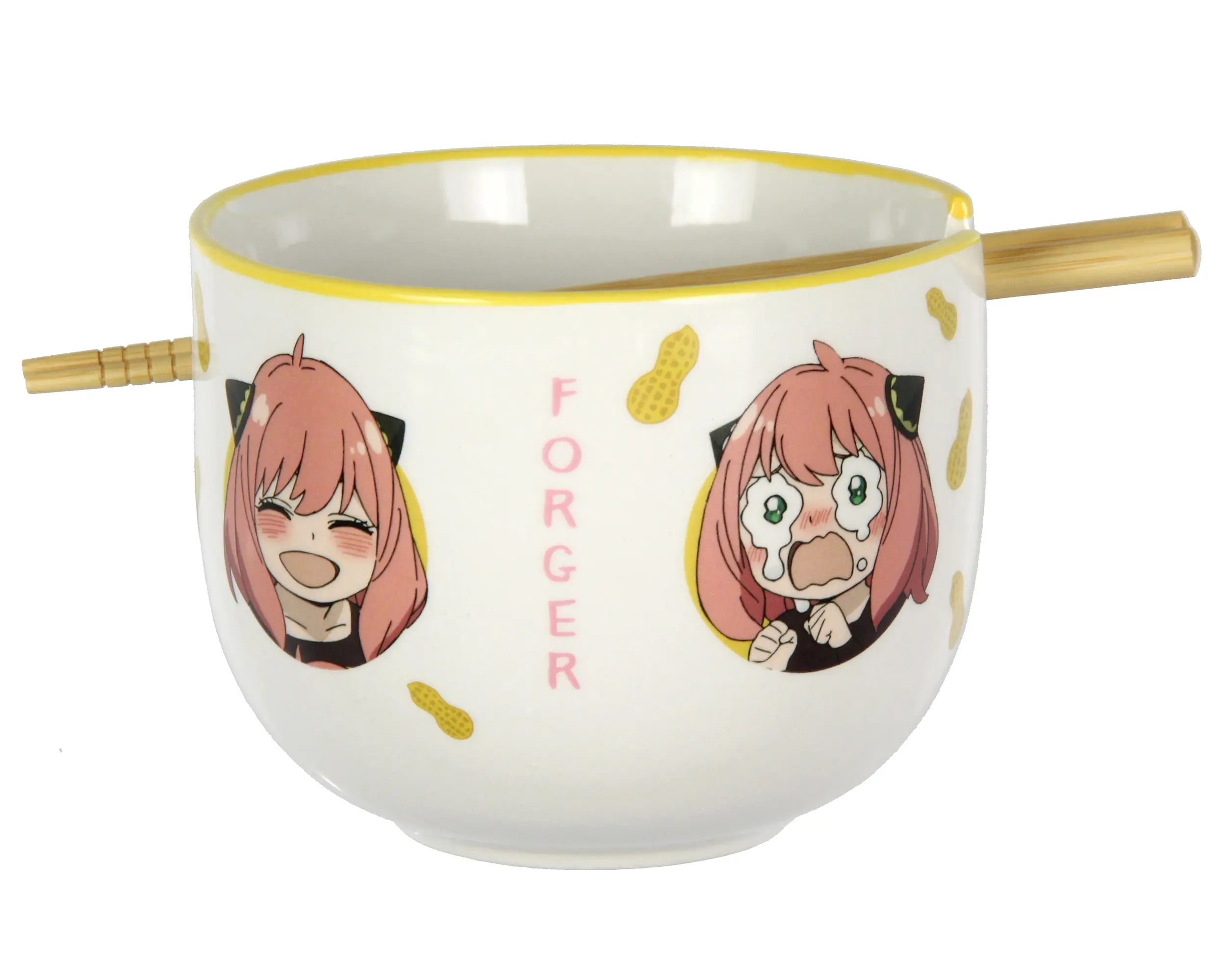 Spy x Family Anime Manga Many Faces Of Anya Reusable Ceramic Noodle Bowl Bundle - 14 oz. Ramen Tableware Set with Soup Bowl, Bamboo Chopsticks, Hand Wash Safe for Anime Fans, Collectible Piece of Art