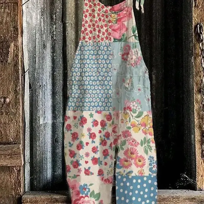 Women's Spring/summer Casual Boho Hippie Summer Jumpsuit with Floral Pattern Patchwork Design, Bohemian Comfortable Vacation for Holiday Travel Floral Print Overalls