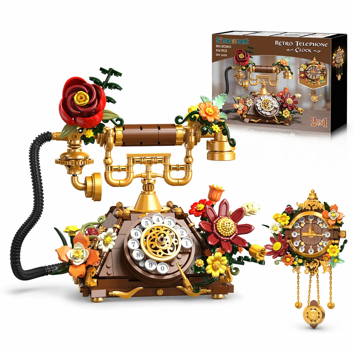 Simarrant Flowers Retro Telephone Clock Building Set, 2 in 1 Collectible Vintage Phone Model Building Block Kit with Realistic Design, 882 PCS Home Office Decor, Gift for Adults Teens Girls Boys 12+