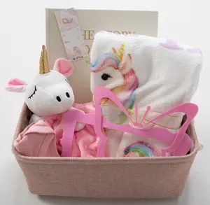 Keepsake personalized unicorn and rainbow milestone baby shower gift basket, stuffed unicorn lovey security blanket, milestone blanket, baby girl birthday gift set basket