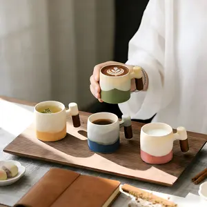 70ML Ceramic Coffee Cup with Wood Handle, Vintage Kiln-Changed Style, Reusable Hand Wash Only, Perfect for Office and Home Use, Stylish Drinkware