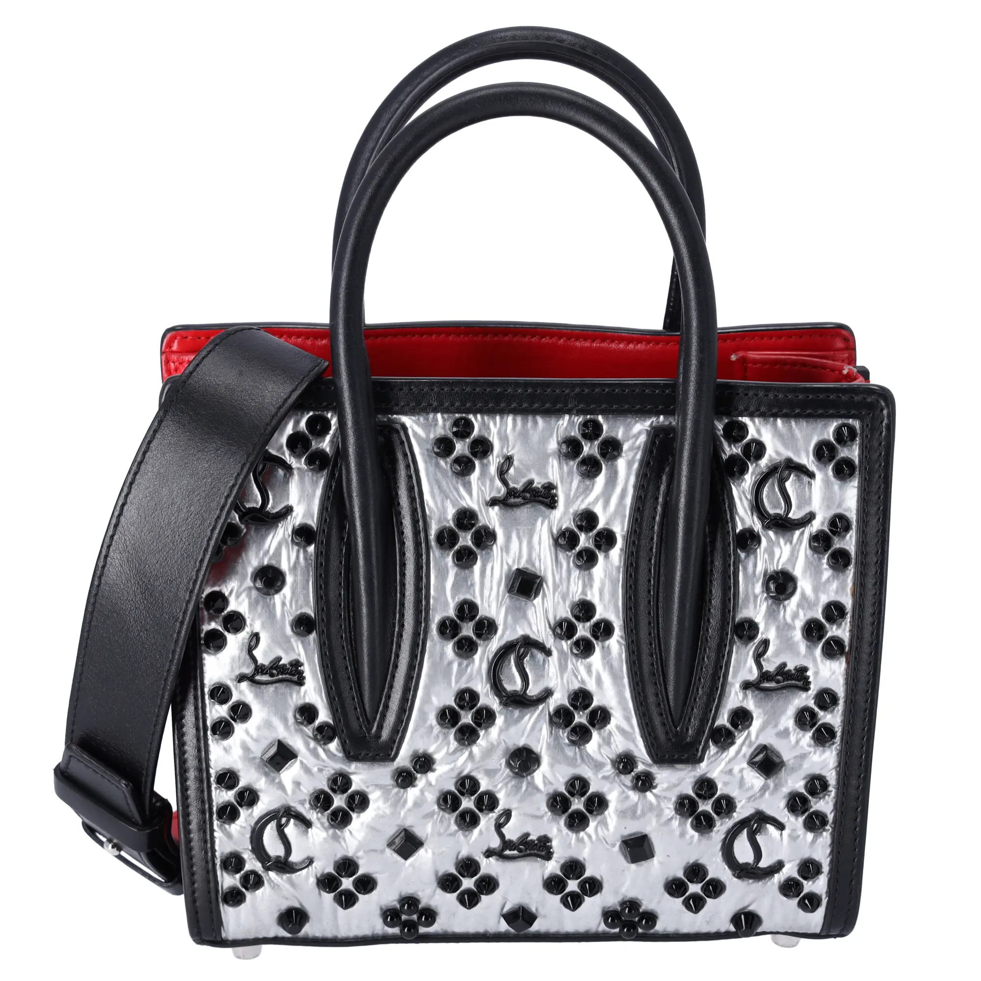 Pre-owned christian louboutin Nylon Shoulder Bags Paloma S Silver Logo Studded Mini Handbag Black Red Leather Nylon