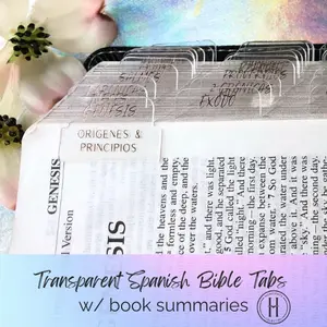 Spanish Bible Tabs (Transparent Clear/Pink) with book summaries for Men and Women, Bible Accessories
