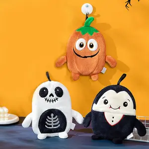 Halloween Hanging Hand Towel, Thick Coral Fleece Cloth, Quick-Dry Absorbent Kitchen Towel, Cute Pumpkin Vampire Skull Design