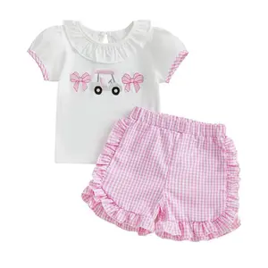 Toddler Baby Girl Golf Outfit Cart Bow Embroidered Short Sleeve T-shirts Plaid Ruffle Shorts 2 Piece Summer Set
