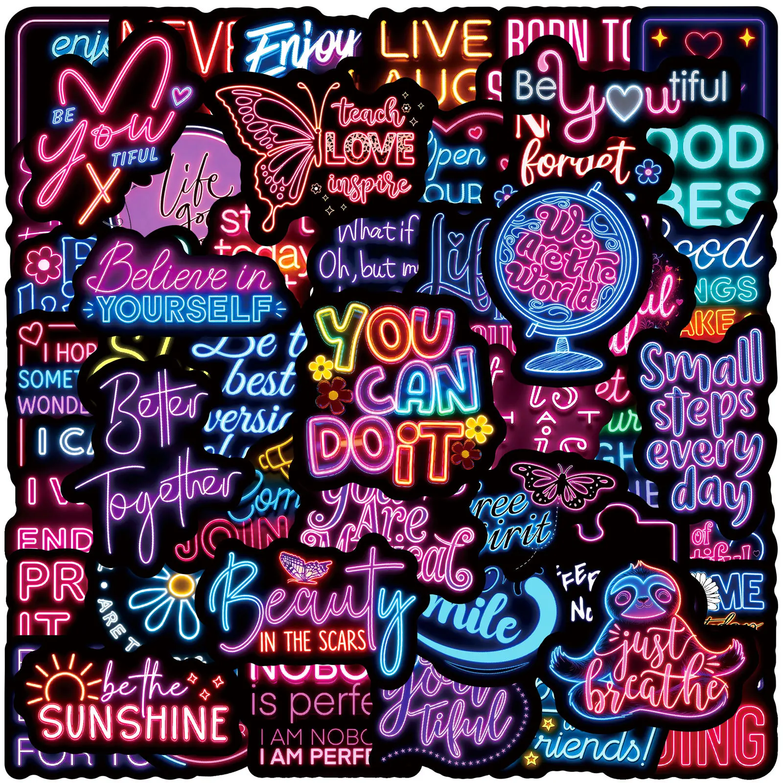 50pcs Neon Inspirational Letter Stickers, DIY Decals, Suitable for Scrapbooks, Diaries, Laptops, Water Bottles, Cars, and Other Faith-based Designs; A Gift with A Positive Message.