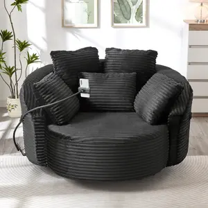 360° Swivel Chair Accent Barrel Chair Corduroy Round Sofa Chair with 5 Throw Pillows and an Adjustable Phone Holder for Living Room, Bedroom, Office and Hotel, Black
